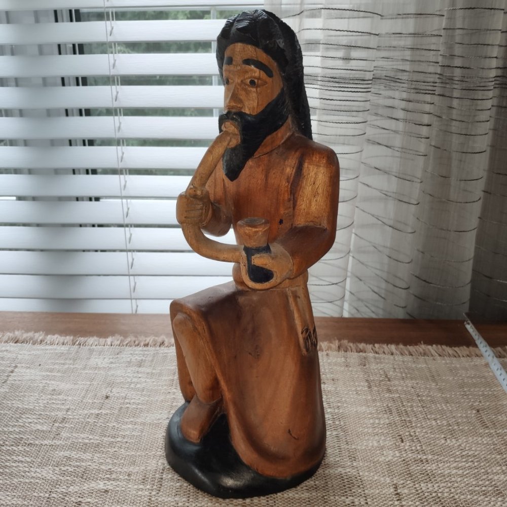 Hand Carved Wood Sculpture VTG Tall Robed Bearded Man Rastafarian Hookah 15"